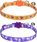 PUPTECK Breakaway Halloween Cat Collar with Bell Charm, 2 Packs Adjustable Kitty Collars Purple & Orange Skull Pattern, Orange Purple, 7.8-11.8 in