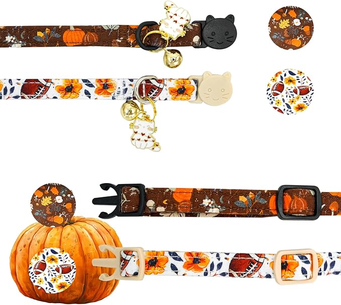 Elegant little tail Fall Cat Collar-2 Pack Pumpkin with Rugby Print Cotton Breakaway Cat Collars with Bell Pendant Kitten Boy Girl Safety Adjustable Collar for Small Cats Puppy