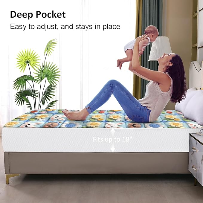 Waterproof Mattress Protector Full, Fitted Sheet Style Breathable Mattress Cover with Deep Pocket Fits Up to 18'', Noiseless Bed Cover for Kids Adults Pets, Machine Washable (Squares, Full)