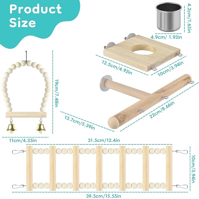 5in1 Bird Perch Ladder with Swing, Natural Wood Parrot Perches Platform with Stainless Steel Feeding Cup, Play Gyms Stands Playground for Budgie Conure Lovebird Canary Hamsters