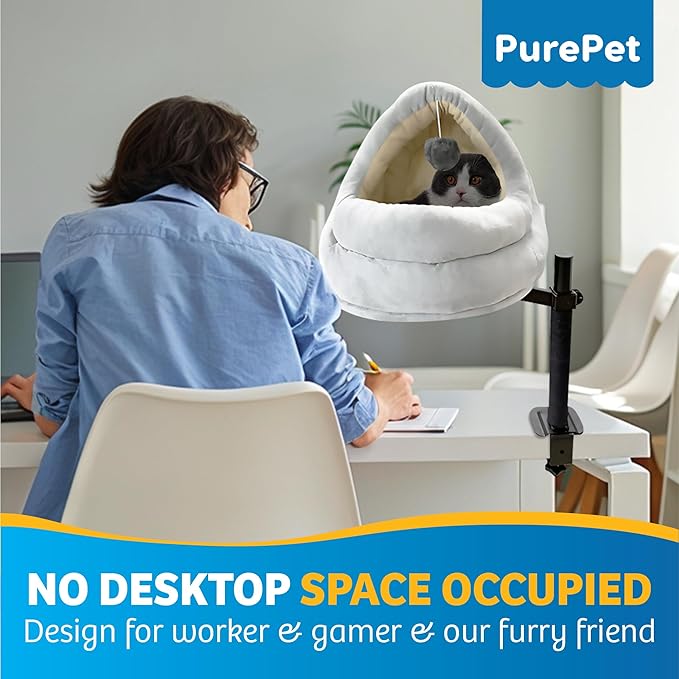 Cat Desk Bed with Scratching Post – Elevated Modern Perch for Desk, Window, or Shelf Use – Dual-Purpose Flat Surface or Plush Bed for Napping & Lounging – Space-Saving Indoor Cat Furniture