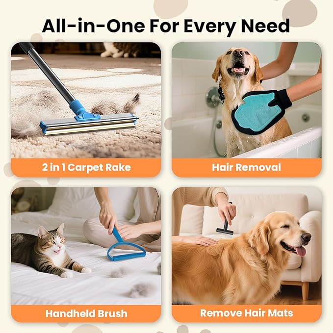 4-in-1 Pet Hair Removal Tool Set - Dual-Head Carpet Rake & Floor Scraper, Small Carpet Scraper, Pet Hair Glove, Matted Hair Rake for Dogs & Cats, Multi-Scene Pet Supplies for Sofa, Carpet, Floor,Blue