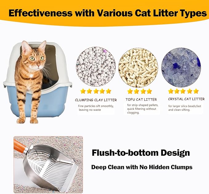 Custom 40% Thicker Side Edges 304 Stainless Steel Metal Cat Litter Scoop with Holder Stand Small Broom & Dustpan - Durable, Anti-Break Handle