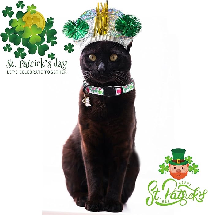 Elegant little tail St Patrick's 2 Pack Cat Collar- Trefoil Print Cotton Breakaway Cat Collars with Bell Pendant Kitten for Boy Girl Safety Adjustable Collar for Small Cats Puppy