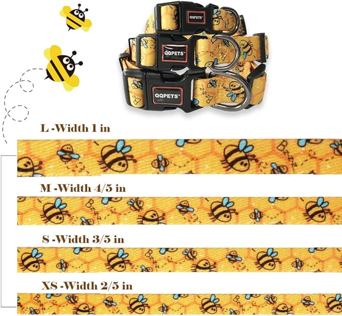 QQPETS Adjustable Soft Dog Collar: Print Flower Pink Multicolor Cute Patterns for XS Small Medium Large Pet Girl Boy Puppy Walking Running Training (L, Yellow Bee)
