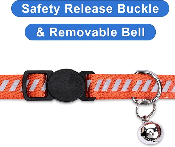 Pawtitas Personalized Orange Reflective Cat Collar – Adjustable Custom Collar with Safety Buckle, Removable Bell, and Engraved Name & Phone Number for Kittens and Adult Cats