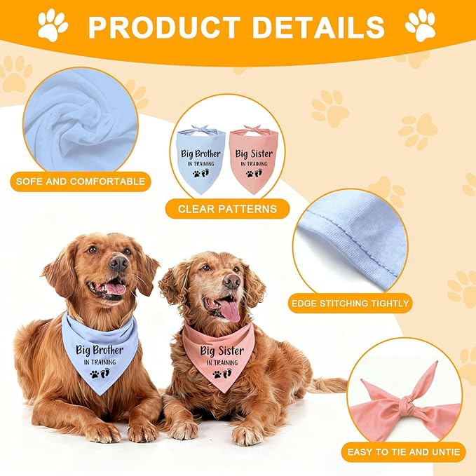 2 Pack Dog Bandana Pregnancy Announcement, Big Brother Sister in Training Gender Reveal Puppy Dog Scarf Accessories, Adjustable Pet Bandana Scarf for Small Medium Large Dogs