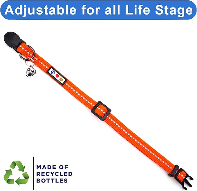 Pawtitas Recycled Orange Reflective Cat Collar – Eco-Friendly Breakaway Safety Buckle, Adjustable Kitten & Adult Collar with Removable Bell and High-Visibility Strap