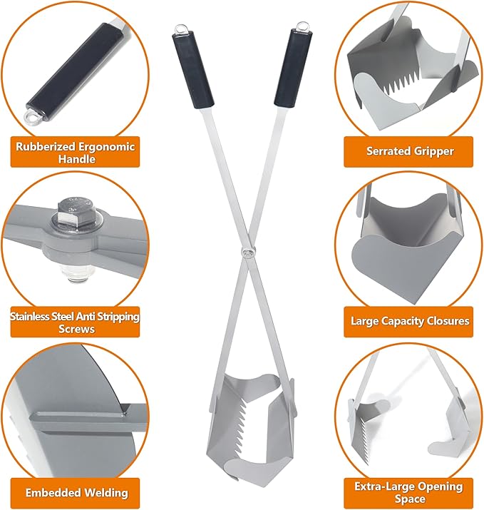 Heavy Duty Pooper Scooper 38" Stainless Steel Long Handle Dog Pooper Scooper with Teeth for Large Dogs Outdoor Pet Waste Removal Shovel Waste Pick-up Yard & Grass Use Leaves Cleaning