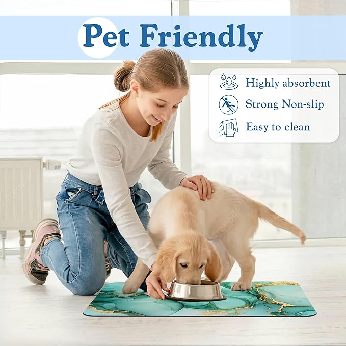 Green Marble Pet Feeding Mat for Floors–Christmas Stocking Absorbent Quick Dry Dog Cat Bowl Mat for Food and Water, Non Slip Waterproof Base, Mess-Free Feeding Accessories 12"x20"