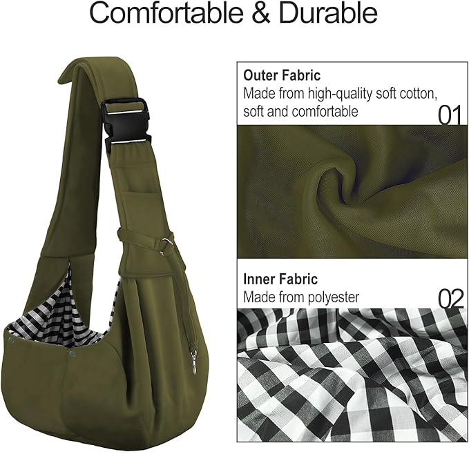 PETLOFT Reversible Dog Cat Sling Carrier, Small Dog Carrier, Adjustable Dog Sling, Hands Free Cross Body Carrier with Collar Hook for Dog/Cat/Bunny up to 11lb (Army Green)