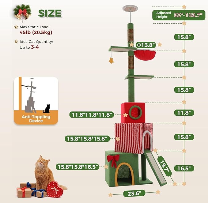 PETEPELA 83-108'' Floor to Ceiling Christmas Cat Tree for Large Indoor Cats, Tall Cat Tower with Adjustable Height with 3 Large Cat Condos, Cozy Hammock, Scratching Posts, Green/Red