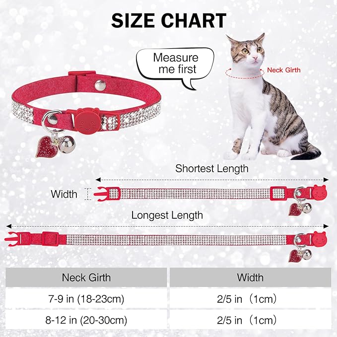 Rhinestone Cat Collar Breakaway with Bell, Diamond Cat Collar with Safety Buckle Quick Release for Girl Boy Small Kitten Pets Puppy,Cute Soft Female Male Cat Collars, Color Red 7-9"