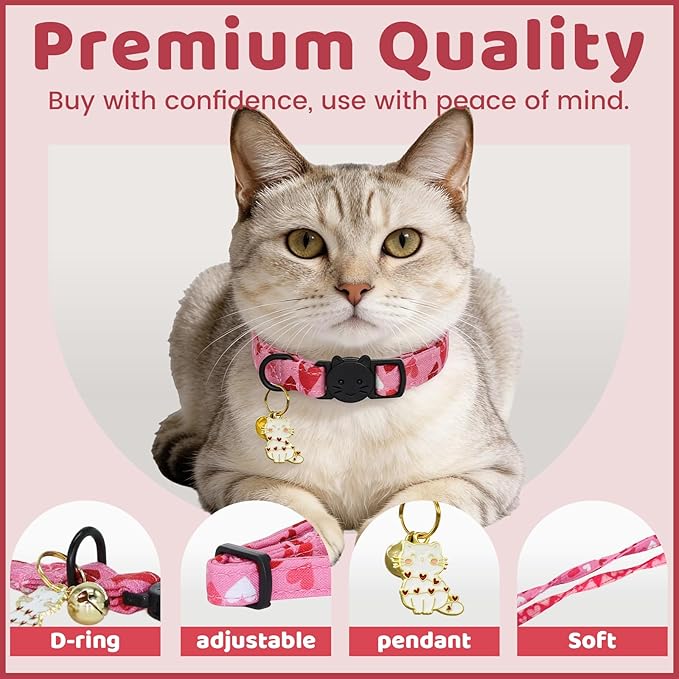Valentine Cat Collar-2 Pack Collars Red and Pink Love-Heart Print Breakaway with Kitten and Bell Pendant Safety Buckle Adjustable Pet Collar for Cats Gift for Cats and Small Pets