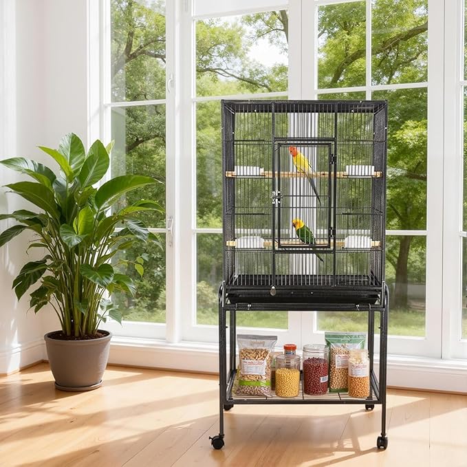 53 Inch Bird Cage with Wooden Perches, Standing Wrought Iron Birdcage with Wheels, Large Parrot Cage Bird Cages with Slide-Out Tray Water Bottle Feeder for Parakeets,Cockatiel, Canary,Pigeons