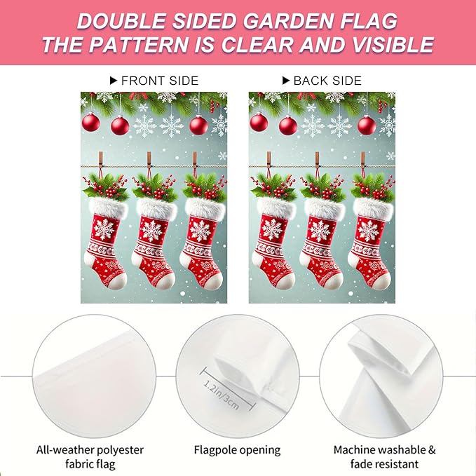 Christmas Garden Flag Three Stockings Winter Garden Flag 12x18 Inch Double Sided Outdoor Decoration for Holiday Season Yard Porch Lawn Display Festive Snowflake Banner