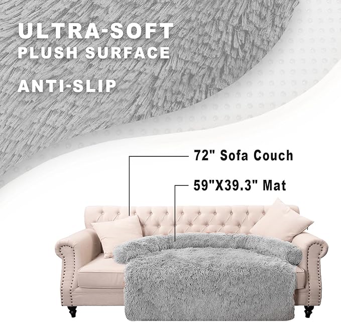 Calming Dogs/Cats Bed Mats, Dog Pad Washable Removable Couch Cover, Plush Long Fur Mat for Pets, Waterproof Lining, Perfect for Small, Medium and Large Dogs and Cats (Light Gray, 59"x39")