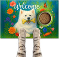 Welcome Spring Pet Feeding Mat 24" x 16"White Dog Floral Design Non Slip Cat and Dog Bowl Mat Easy Clean Pet Mats for Food and Water Fast Dry Pet Food Mat Absorbable Pet Feeding Pad
