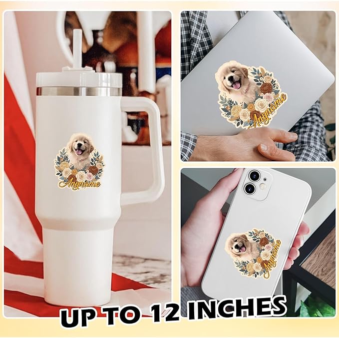 Custom Pet Face Photo Name Floral Sticker Personalized Text Image Animal Flower Decal Waterproof Vinyl Decal for Water Bottles Tumbler Laptop Hard Hat Car Kindle Gifts for Girl Boy