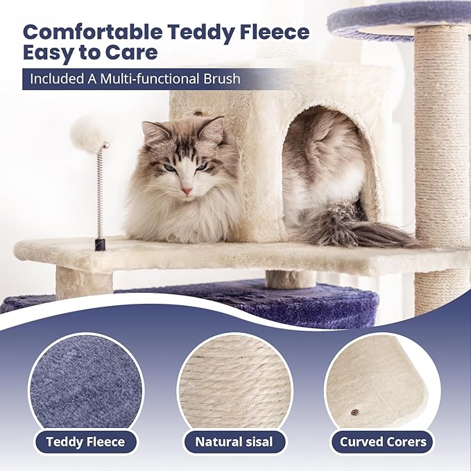 HYABi 53 Inch Ocean Theme Cat Tree Tower, Multi-Level Cat Furniture with Cozy Condo, Scratch Posts, Toy Ball, Luxury Apartment Playhouse for Indoor Cats