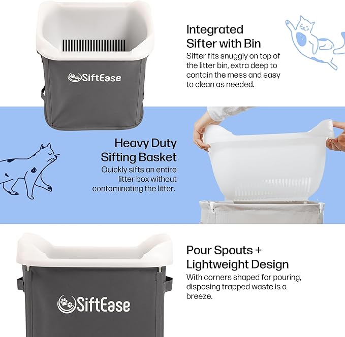 Cat Litter Sifter - SiftEase Sifting Litter Box Cleaner, Large Litter Box Sifter with Bin for Fast & Easy Scoop Free Cleaning and Longer Lasting Litter (2 Pack Dark Grey)