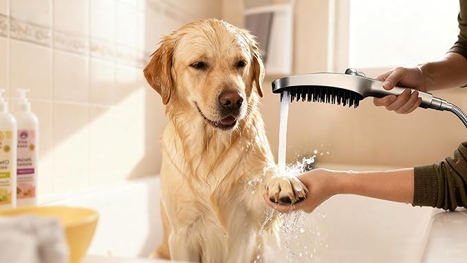 G-Promise 3 Mode Dog Shower Attachment with Pause Mode, Dog shower Sprayer with 100 Inches Stainless Steel Hose, Metal Diverter, Adhesive Holder, for Fast and Easy Dog Bathing and Cleaning