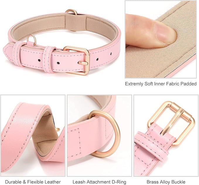 WHIPPY Airtag Leather Dog Collar GPS Tracker Air Tag Puppy Collar Adjustable Soft Leather Padded Dog Collar with Airtag Holder Case for Small Medium Large Dog Pet Backpack,Pink,M