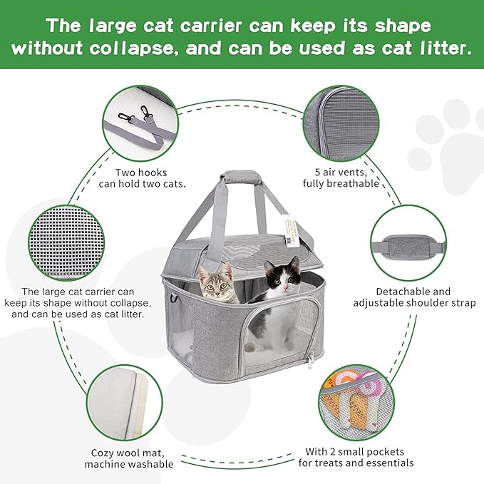 Large Cat Carrier for 2 Cats, Soft Side Pet Carrier for Cats Small Dog, Collapsible Travel Dog Carrier Bag TSA Airline Approved Dog Carrier Backpack,Grey