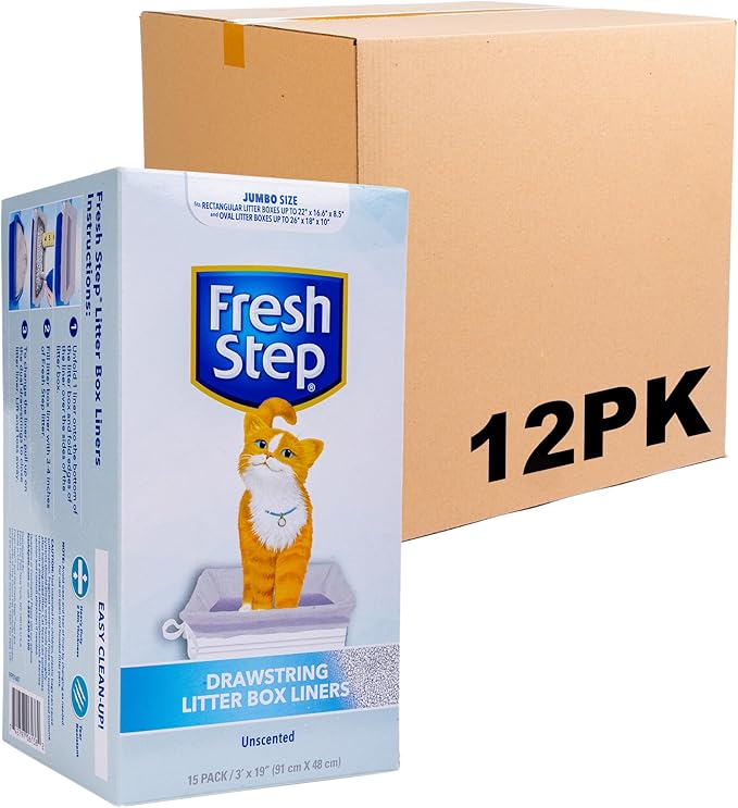 Fresh Step Jumbo Drawstring Cat Litter Box Liners, Unscented Heavy Duty Kitty Litter Bags for X-Large Oval or Rectangle Pans, Helps Contain Mess, Easy Lift Out Cleanup, 36 x 19 in, 15 Count - 12 Pack