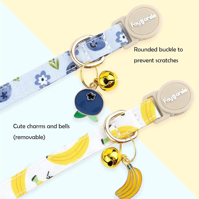Faygarsle 2 Pack Blueberry Banana Pattern Cat Collars Breakaway Safety Collar with Bell Spring Summer Design for Girl Cats,Yellow Light Blue