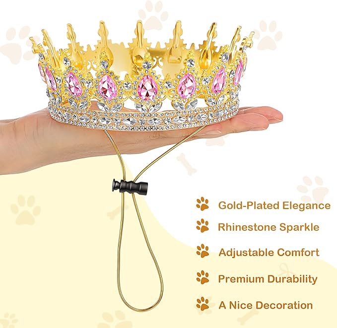 Abbylike Pet Rhinestone King Crown, Queen Crown for Birthday New Year Costume for Small Dog Cat Cosplay Party Accessories Adoption Celebration Wedding Birthday Photos Prop Costume(Pink,Large)