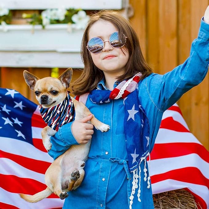 4th of July Dog Bandanas, 2PCS American Flag Patriotic Scarf, Independence Holiday Bandana,Premium Durable Triangle Reversible USA Bandana for Large Dogs