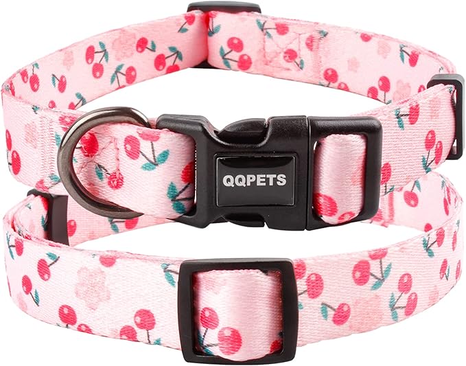 QQPETS Adjustable Soft Dog Collar: Print Flower Pink Multicolor Cute Patterns for XS Small Medium Large Pet Girl Boy Puppy Walking Running Training (M, Sakura Pink)