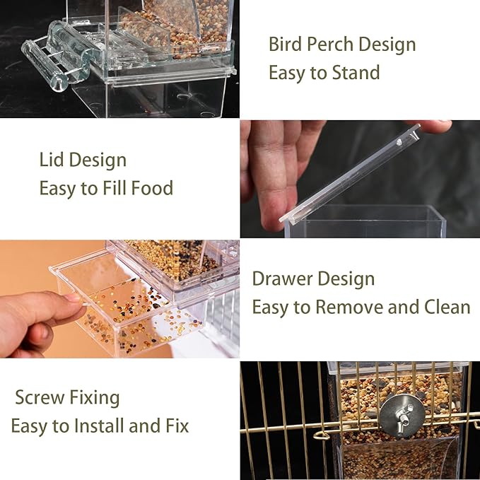 No Mess Bird Feeder for Cage, Automatic No-Spill Transparent Parrot Feeder Acrylic Cockatiel Seed Feeders with PerchParakeet Food Container Cage Accessories for Small Medium Cockatoo Finch