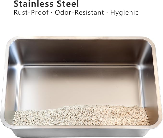 2-Pack XXL Stainless Steel Cat Litter Boxes, Includes Catnip Fish Toy & Wand Feather Toy Refill, Extra-Large Metal Litter Pans for Large Cats & Multi-Cat Homes, Pet Toilet Supplies for Kitten