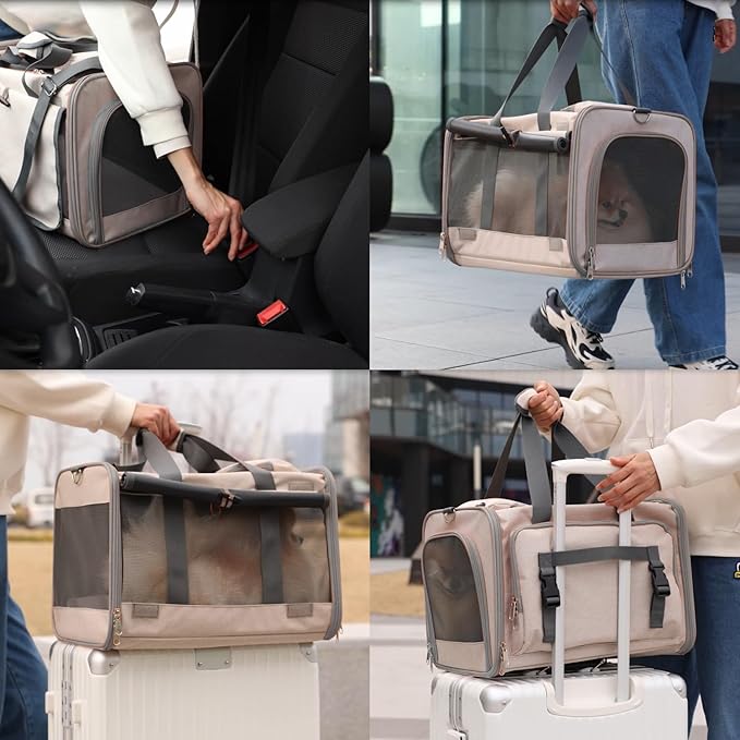 Small Dogs Carriers Airline Approved Khaki Softside Cats Carrier Travel Bag for Medium Large Cats,Puppies,with Large Pocket,Sunshade Curtains,Privacy Protection,Breathable,Outdoor