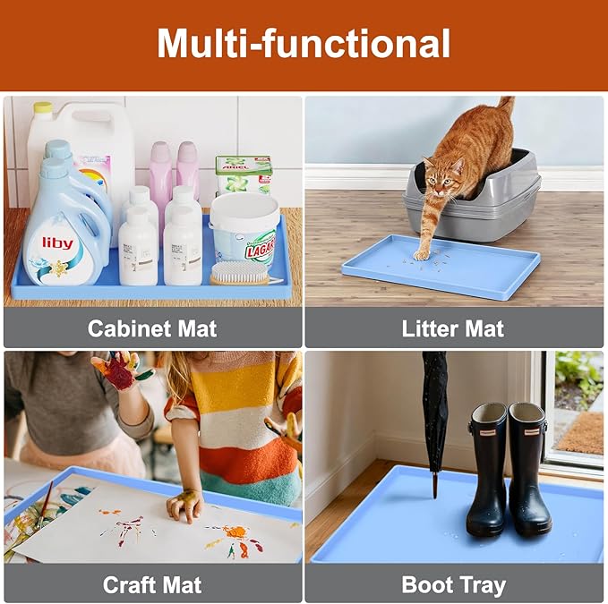Extra Thick Silicone Mat Waterproof with Raised Edge 19” x 12”, BPA Free Non-Slip Dog & Cat Food Mat, Feeding Mat for Food and Water Bowls, Spill Proof Mat to Protect Floors, Blue