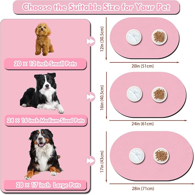 Cat Food Mat Small - 20''x12'' Absorbent Cat Feeding Mat, Pet Water Mats Protect Floor, No Stains Quick Dry Pet Placemats for Food and Water Bowl, Non-Slip Base Cats Bowl Mats for Messy Drinkers, Pink
