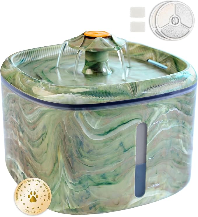 Cat Water Fountain,2.5L/84oz Cat Fountain for Drinking with Rotating Attractor & Camouflage Green Design –Automatic Pet Water Dispenser Bowl with 2-Pack Replaceable Filters