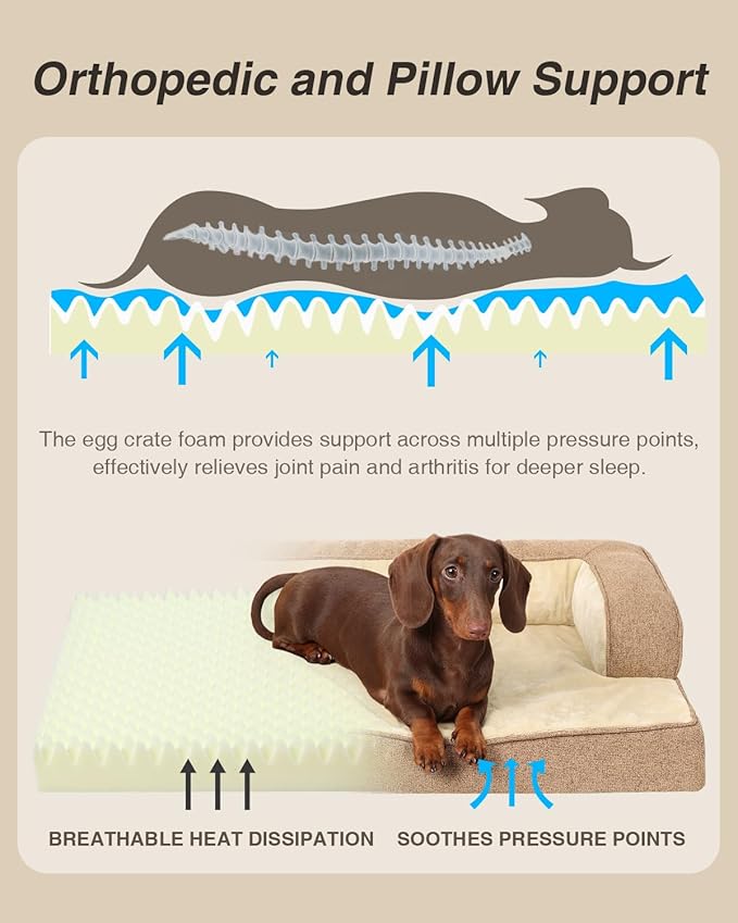 KSIIA Washable Dog Bed Medium Size Senior Dog, Orthopedic Warm Soft Pets Sofa Waterproof Pet Couch with Sides, Non-Slip and Egg-Crate Foam Beds with Removable Cover, 29x18Inch, Brown