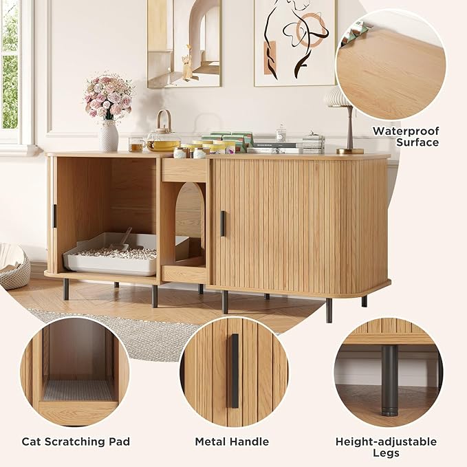 Double Litter Box Enclosure for 2 Cats, 55" Litter Box Furniture Hidden with Cat Scratch Pad, Large Indoor Cat House with Double Room, Wooden Litter Box Cabinet, TV Stand, Natural