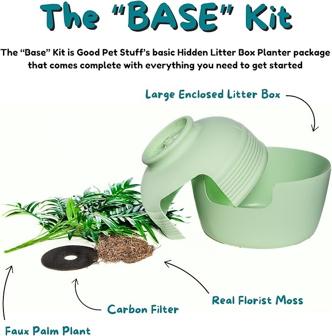 Good Pet Stuff Hidden Litter Box Planter, Decorative Cat Litter Enclosure with Carbon Filter, Artificial Plant, Easy Clean, Indoor Design, Original Round Style, Base Kit, Seagrass Green
