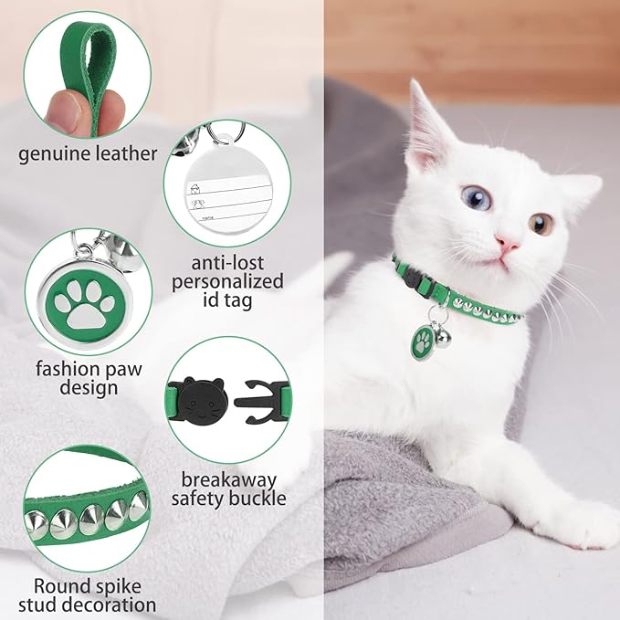 Leather Personalized Breakaway Cat Collar with Studded Bell and Safety Quick Release Buckle - Rivets Studded ID DIY Collars for Boy Girl Cats Kittens, 9" - 11.5" Green