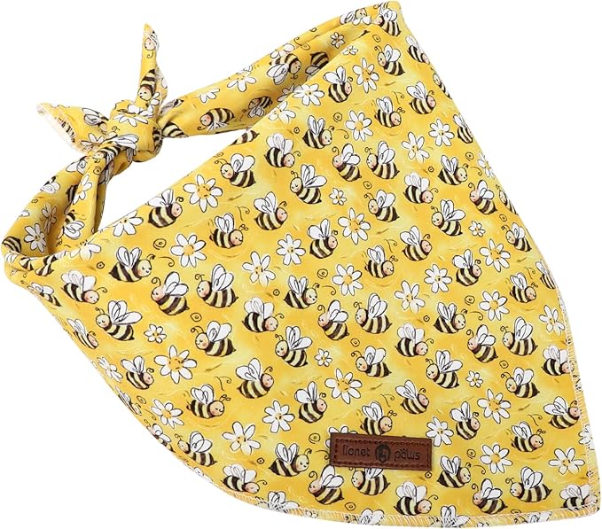 Lionet Paws Spring Summer Bee Dog Bandana Washable Cotton Handkerchief Scarf Triangle Yellow Bandana for Small Medium Dogs Girl Boy