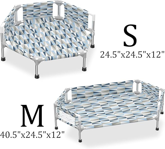 Elevated Dog Bed with Guardrail, Cooling Outdoor Pet Cot with 3-Sided Fence，Raised Dog Cot with 6-Metal Frame (Small)