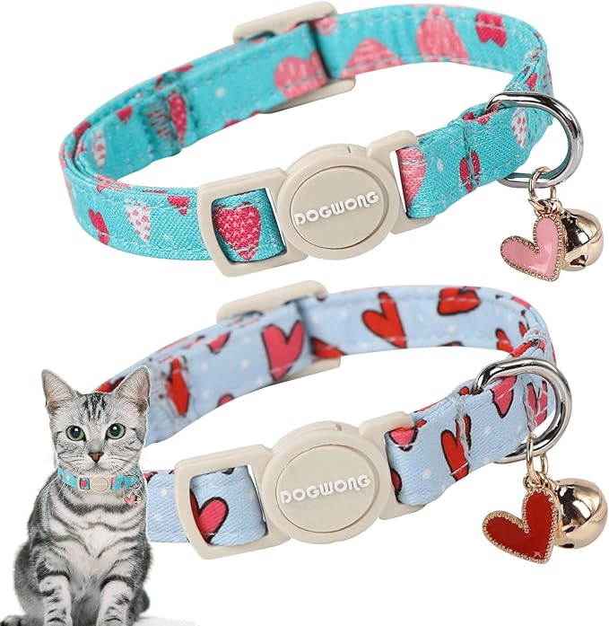 Cat Collar,2 Pack Cat Collars Breakaway with Bell, DOGWONG Safety Buckle Valentine's Day Cat Collar Blue Heart for Girl Boy Cats and Small Dogs，Adjustable 7-12 Inch,Pet Supplies Accessories