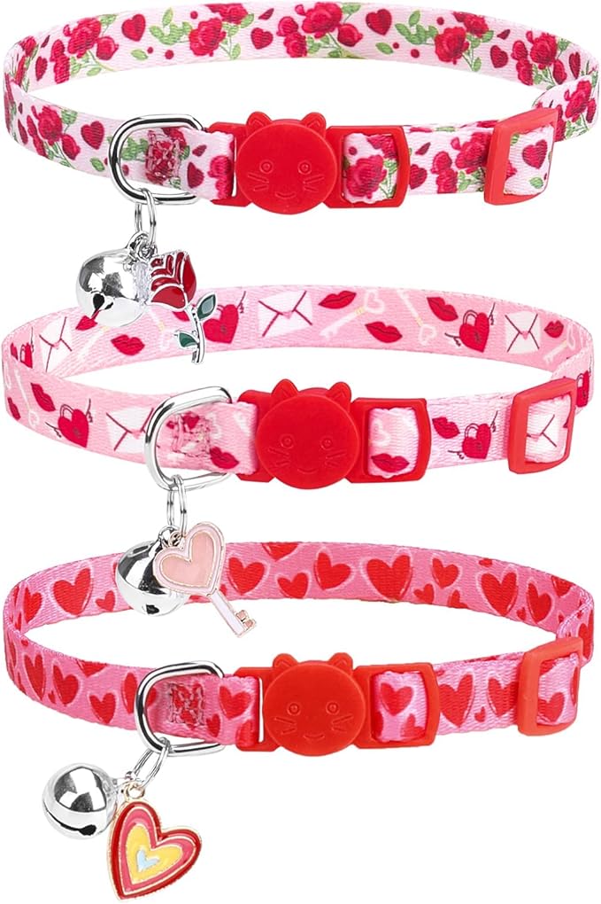 PUPTECK Breakaway Cat Collars with Bell - Pet Collar 3 Pack for Girl Boy Kittens Puppies and Small Pets, Pink Heart Rose