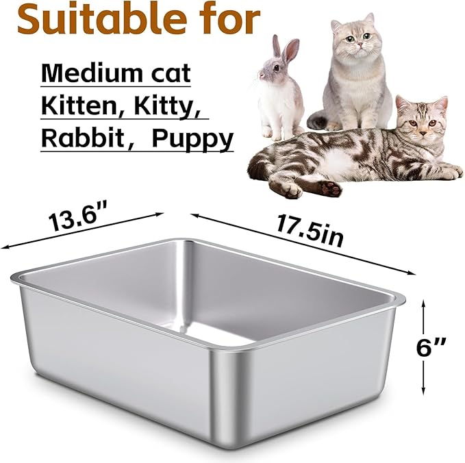 Stainless Steel Litter Box, Metal Litter Box, Cat Litter Box for Kitten, Kitty, Rabbit, 6" High Side Cats Litter Boxes, Cat LitterBox, No Smell, Non Stick, Easy to Clean