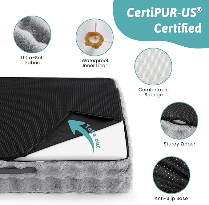 Orthopedic Dog Bed for Large Size Dog, Soft and Warm Faux Fur Extra Large Sofa for Pet Up to 100 lbs, Foam Bolster Anti-Slip Couch with Washable Removable Cover, XL 44x32x7 inch, Grey