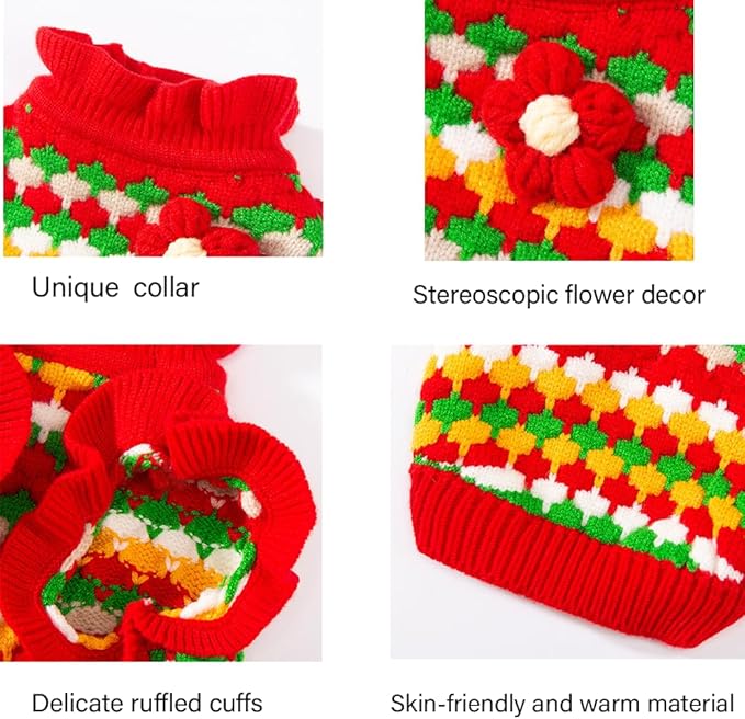 Small Dog Sweater, Knitted Tulip Cat Sweater, Warm Thick Holiday Puppy Clothes for Small Dog Girl,Cold Weather Outfit for Kitten Chihuahua Yorkie Teacup Dachshund Pug (Red, X-Small)